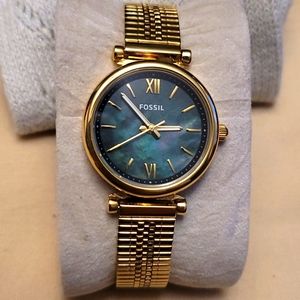 Gold and green iridescent face fossil watch